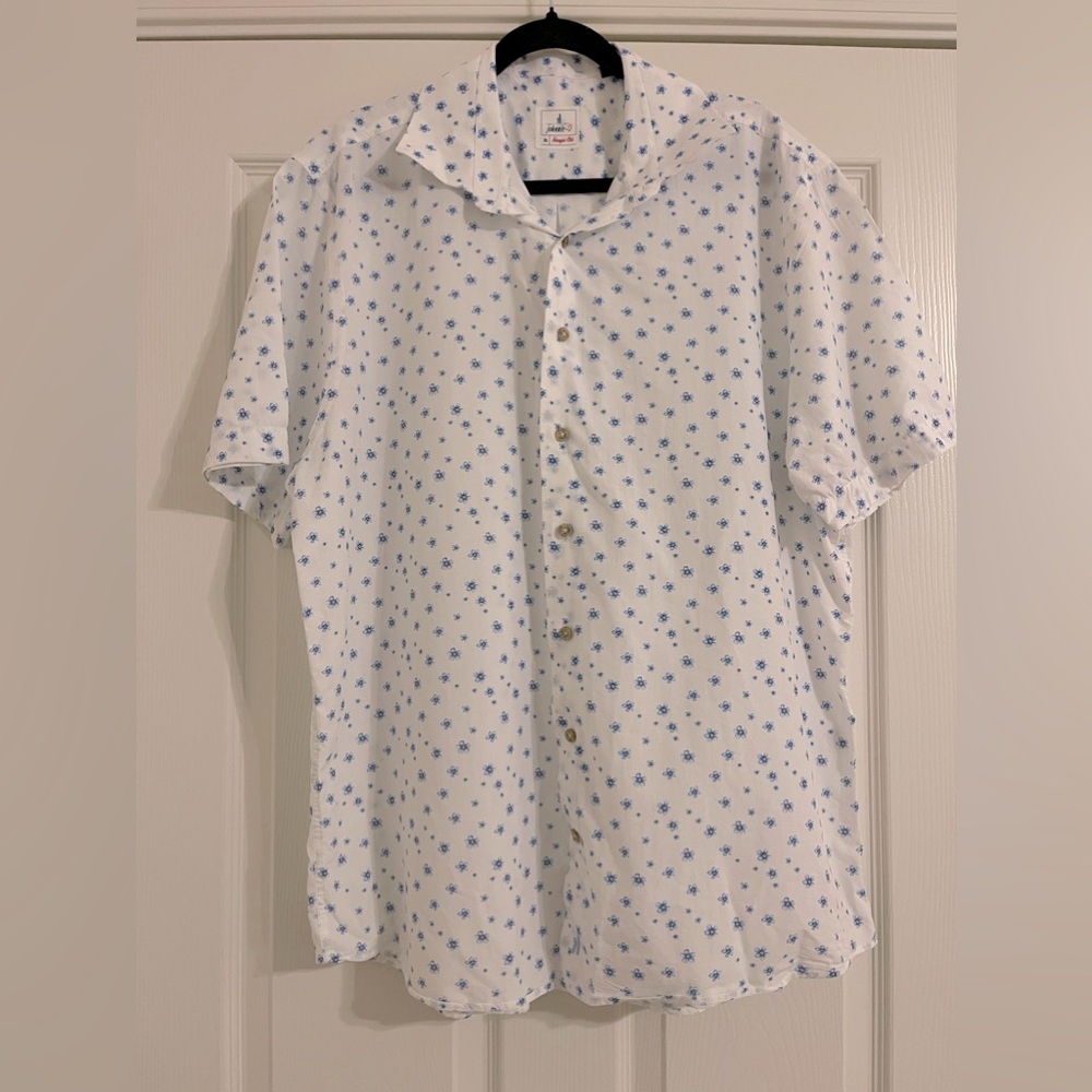 johnnie-O White Short Sleeve Button-Down Shirt with Blue Micro Floral Print